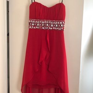 Red strapless maxi dress